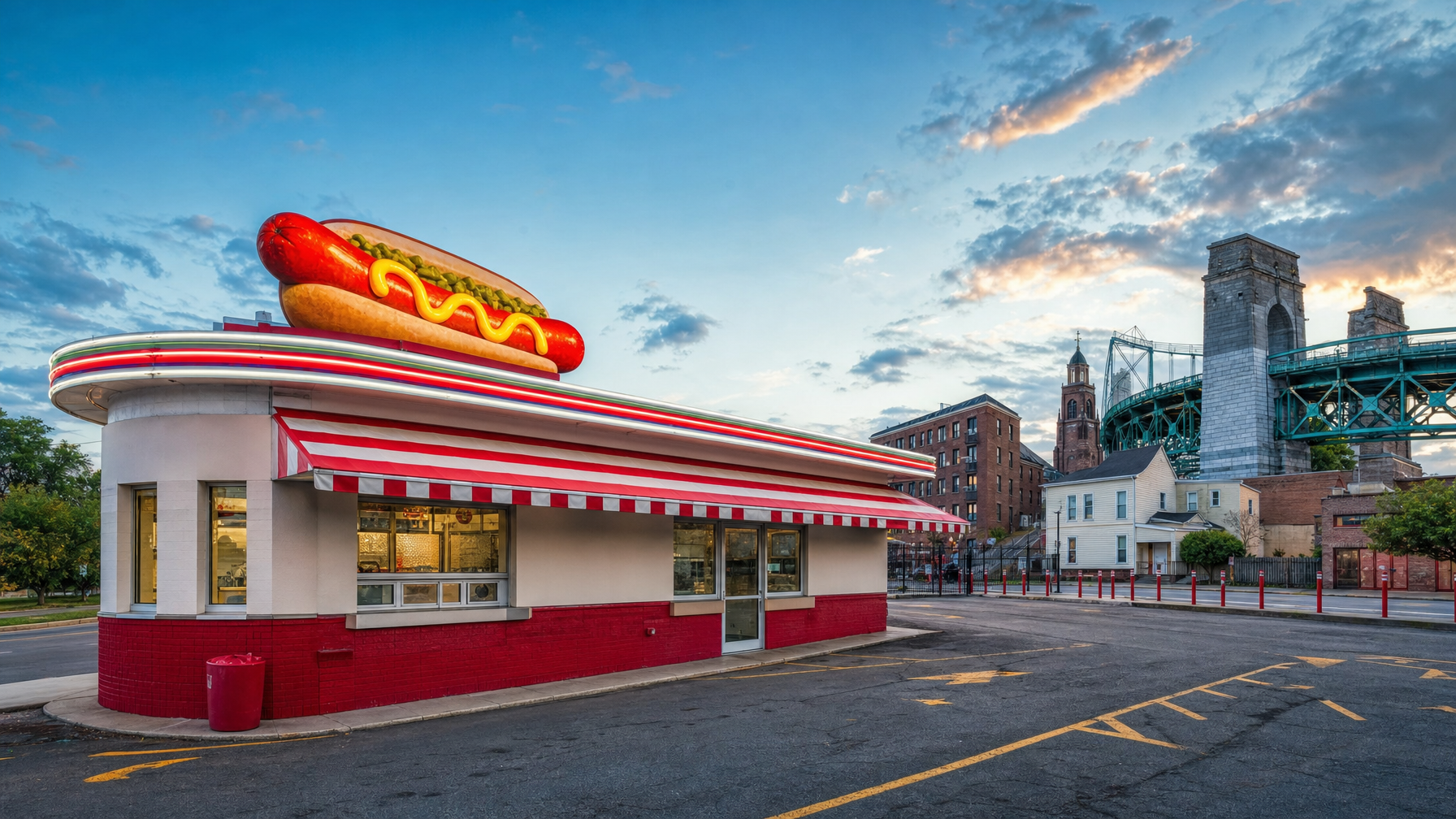 A red-and-white hot dog stand with a giant hot dog sign sits beside a parking lot and an urban bridge under a partly cloudy sky.