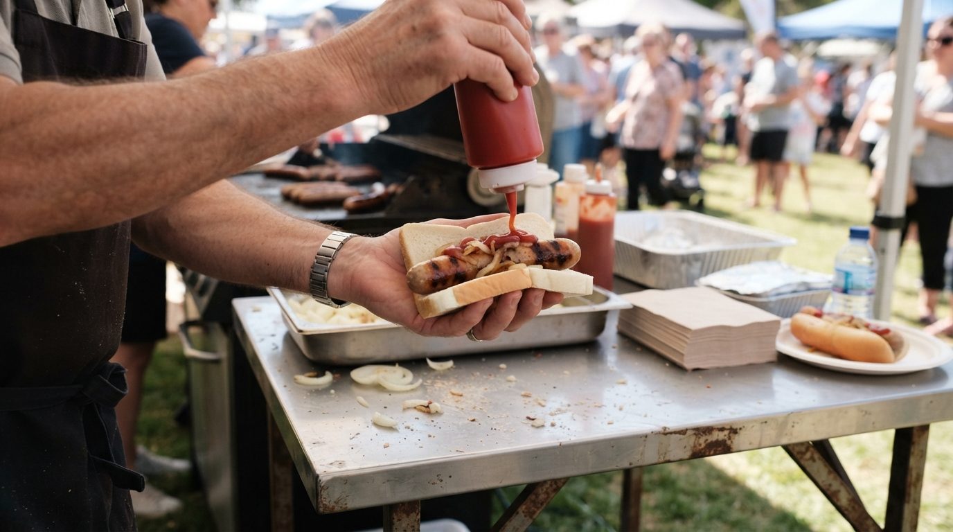 A food vendor adds ketchup to grilled sausages in sliced white bread at an outdoor stall, with a barbecue, condiments and a crowd in the background.