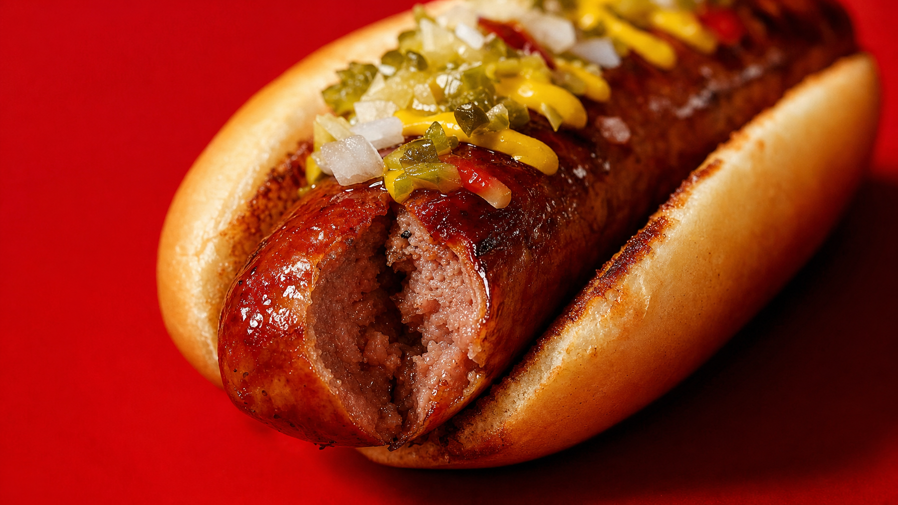 A split hot dog in a toasted bun is topped with mustard, chopped relish, and diced onions on a red surface.