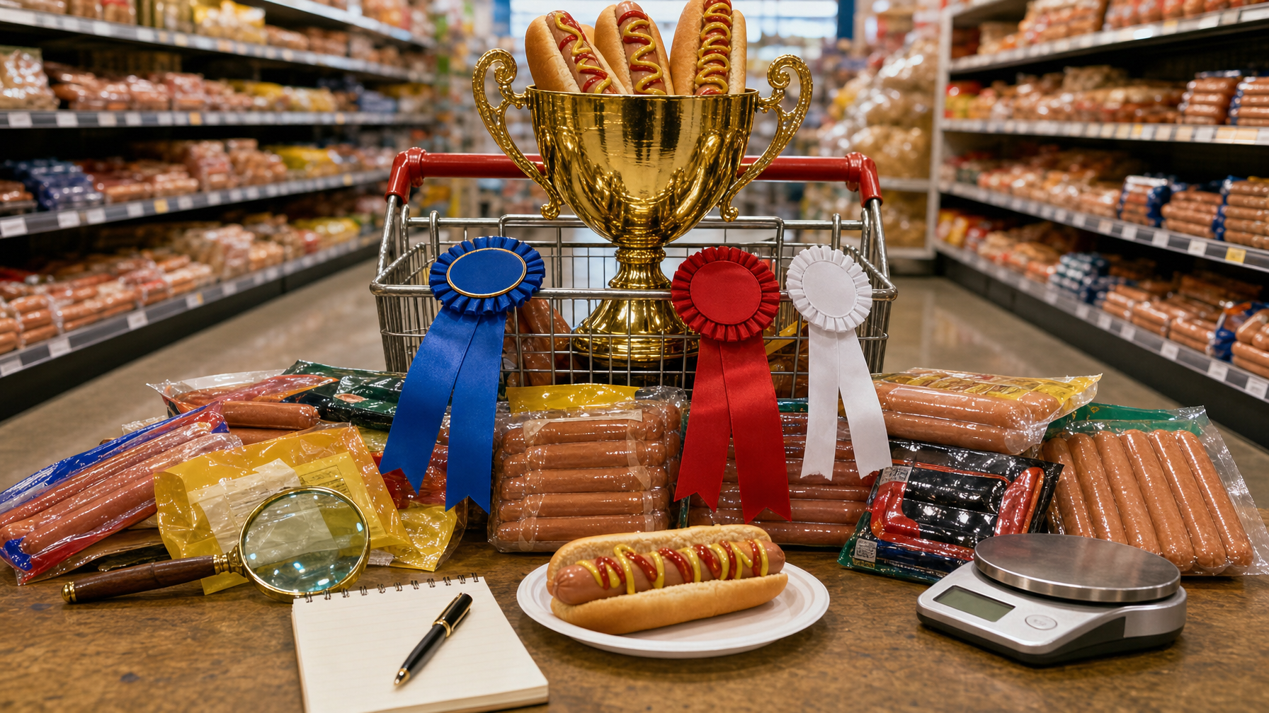 Hot dogs, packaged sausages, a trophy, ribbons, a magnifying glass, a notebook, and a scale fill a shopping cart and table in a grocery aisle.