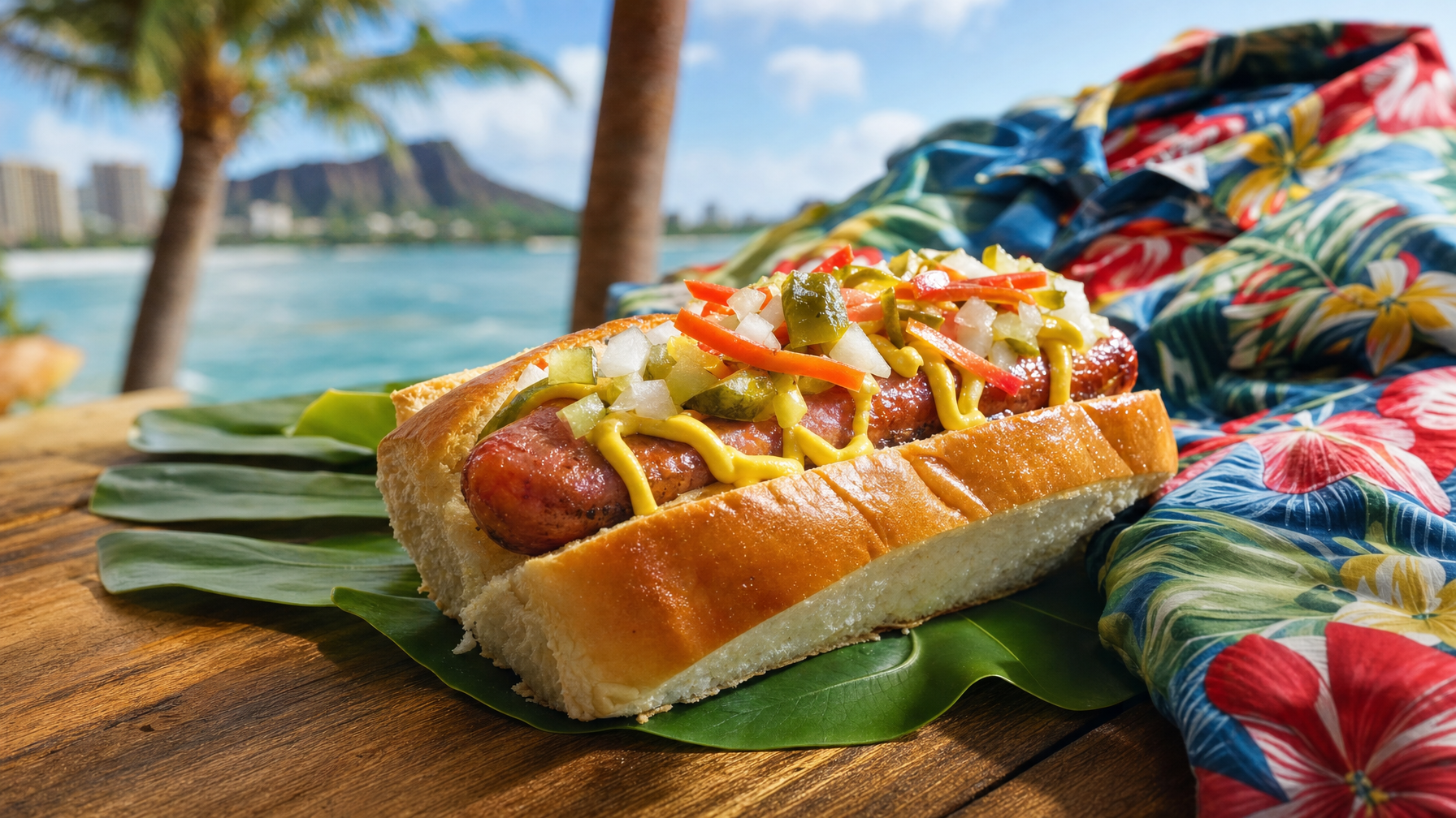 A hot dog in a glossy bun topped with mustard, chopped onions, peppers, and relish rests on a tropical leaf beside a colorful floral shirt, with palm trees and a waterfront in the background.