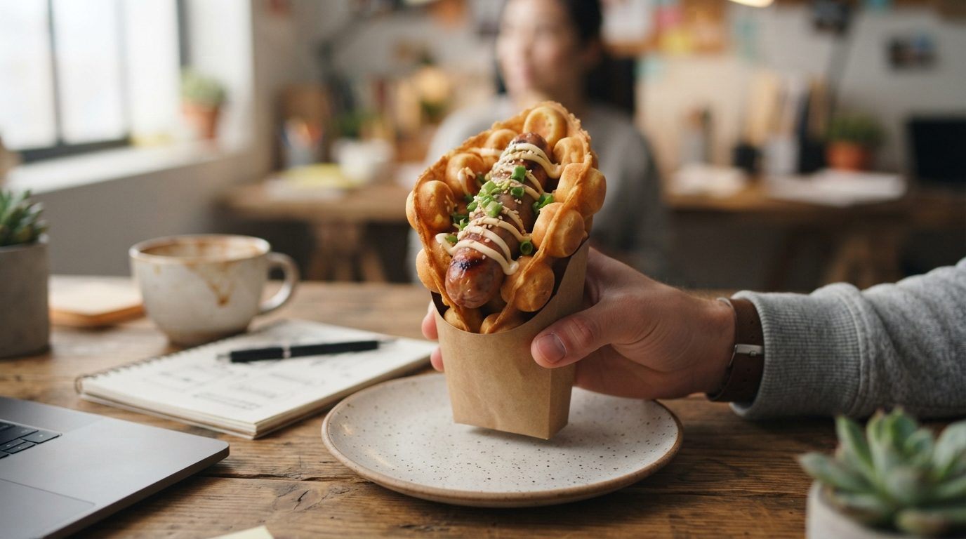 A sausage wrapped in a golden bubble waffle with sauce and green onions is held over a plate on a cafe table.