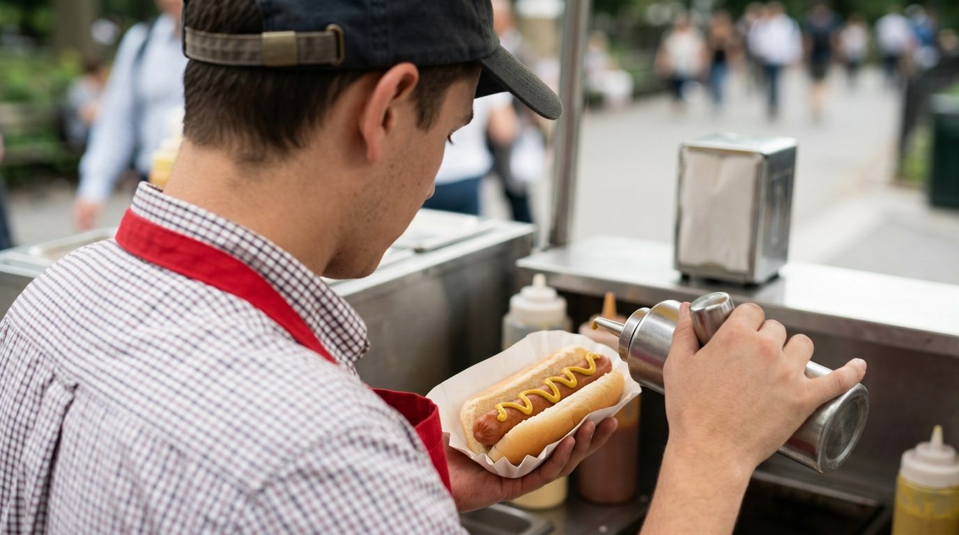 A food vendor in a cap and apron adds mustard to a hot dog at an outdoor cart, with blurred pedestrians in the background.
