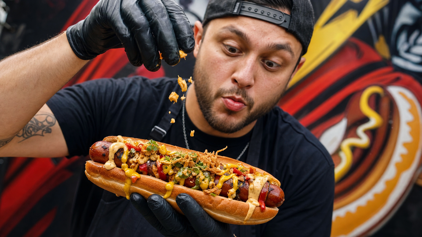 A gloved man holds an elaborately topped hot dog while sprinkling food onto it, with bits falling near his mouth, against a colorful hot dog-themed backdrop.