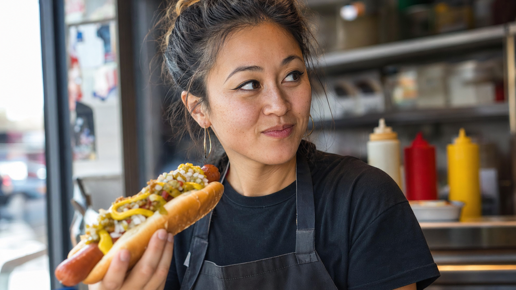 Person wearing an apron holds a hot dog topped with mustard, diced onions, relish, and other garnishes inside a casual food-service counter.