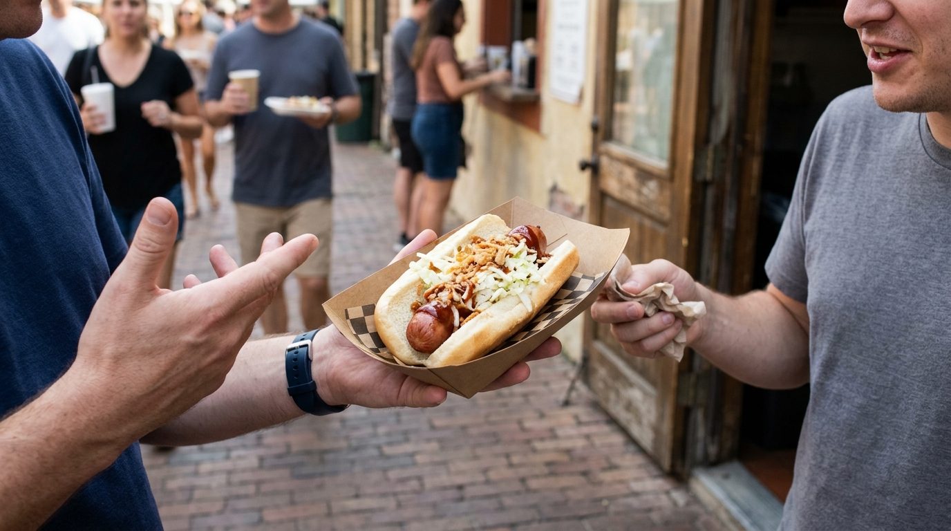 A hot dog topped with shredded vegetables and crispy onions is held in a paper tray between two people outside a busy storefront, with other customers on a brick sidewalk.