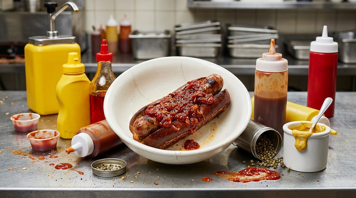 A hot dog covered with ketchup sits in a white bowl on a stainless-steel counter, surrounded by mustard, ketchup bottles, and other condiments in a commercial kitchen.