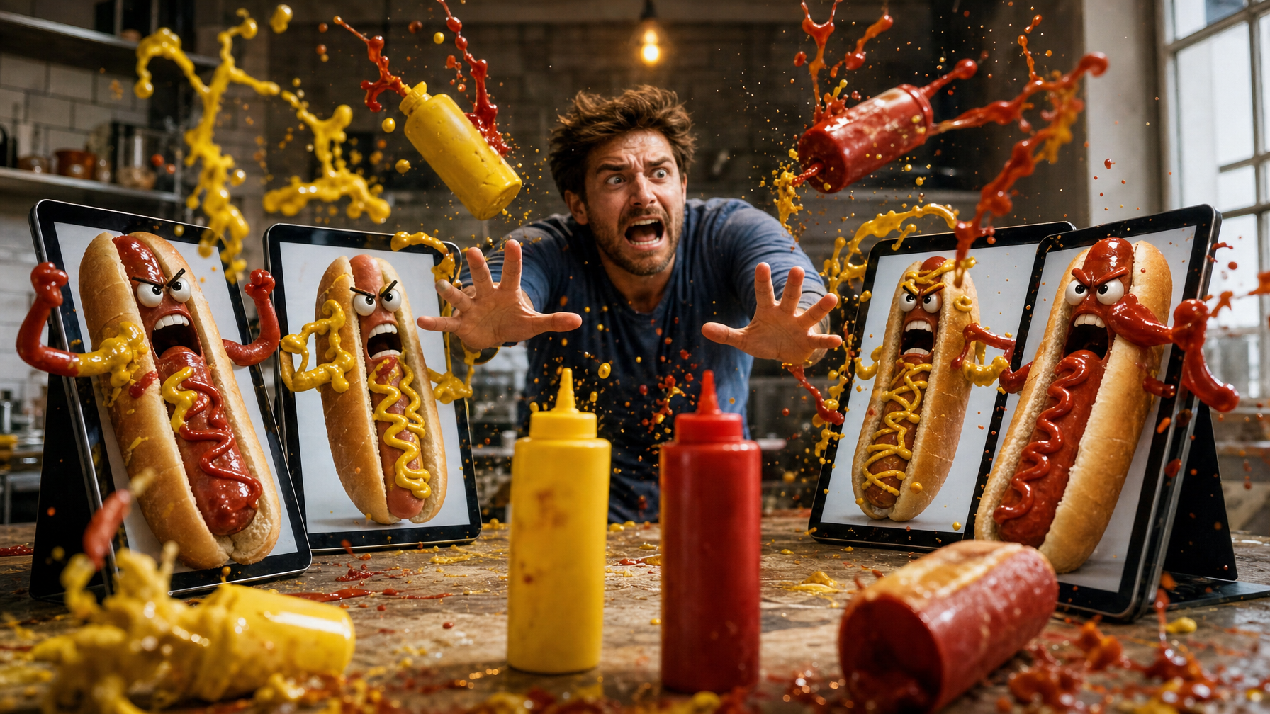 A man reaches toward four tablets displaying angry hot dogs as mustard and ketchup splatter across a kitchen table and the surrounding air.