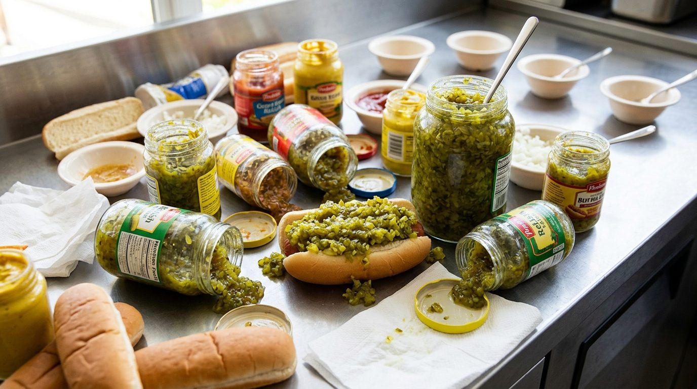 A hot dog covered in chopped green relish sits on a stainless-steel counter surrounded by open relish jars, buns, bowls, and condiments.
