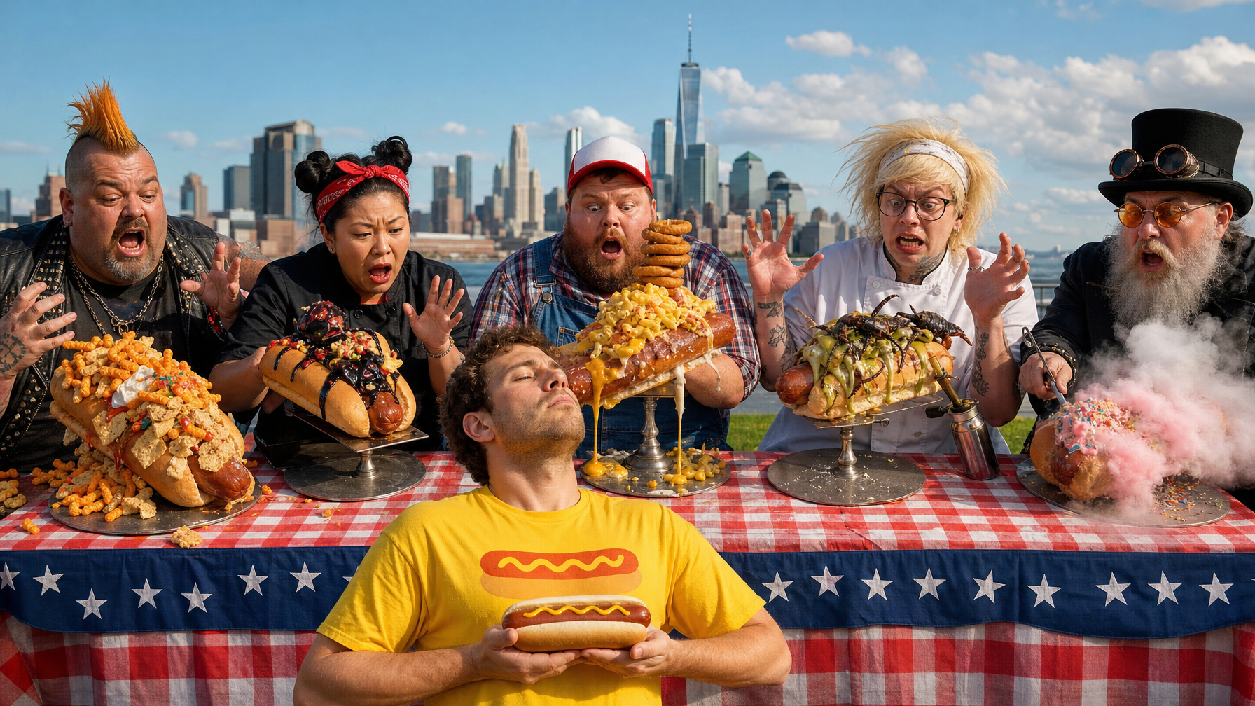 Six people pose at a table beside a waterfront city skyline. Five hold elaborately topped hot dogs, while the person in front holds a plain hot dog with mustard.