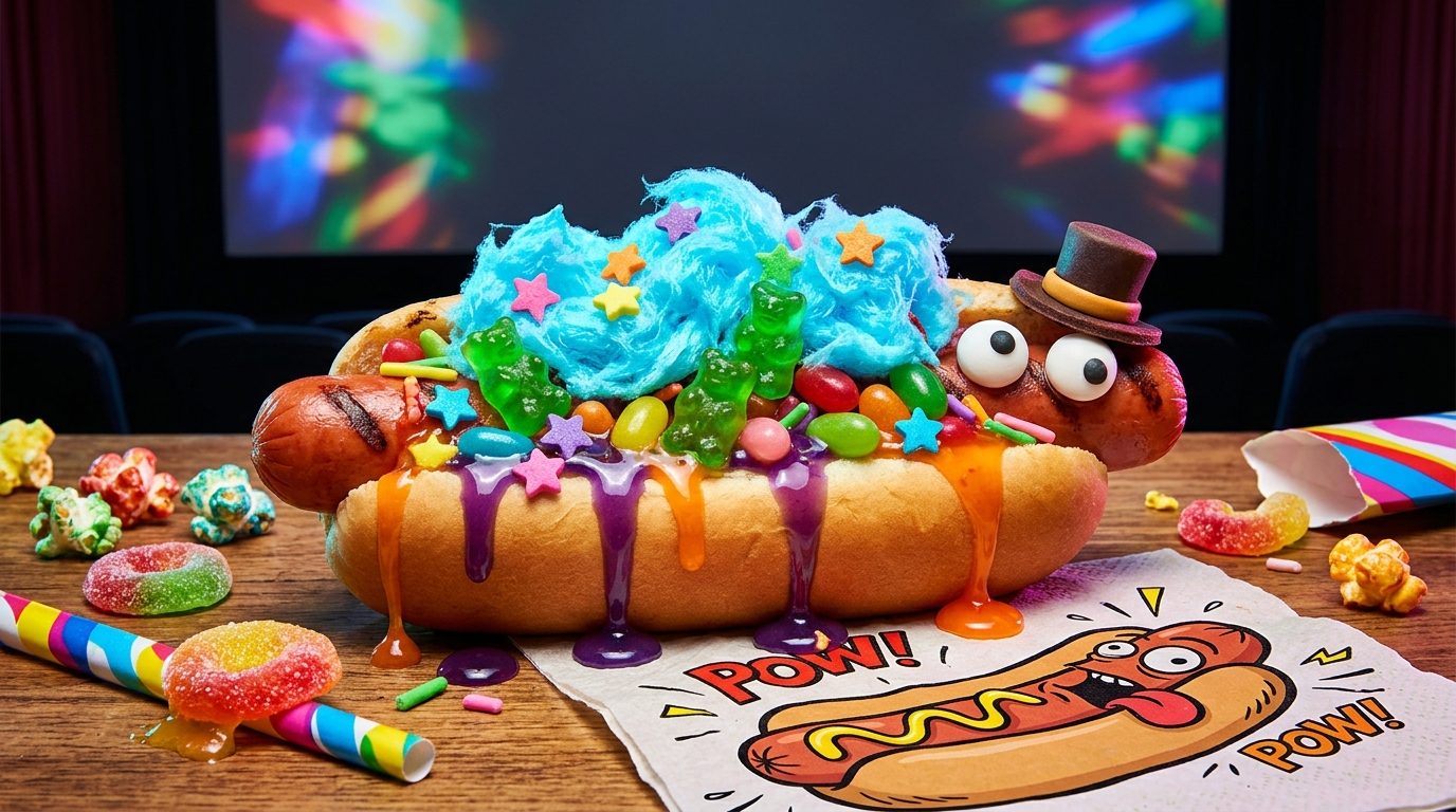 A hot dog piled with cotton candy, gummy candies, sprinkles and colorful sauces sits on a table in front of a movie theater screen, with a cartoon hot dog napkin and scattered snacks nearby.