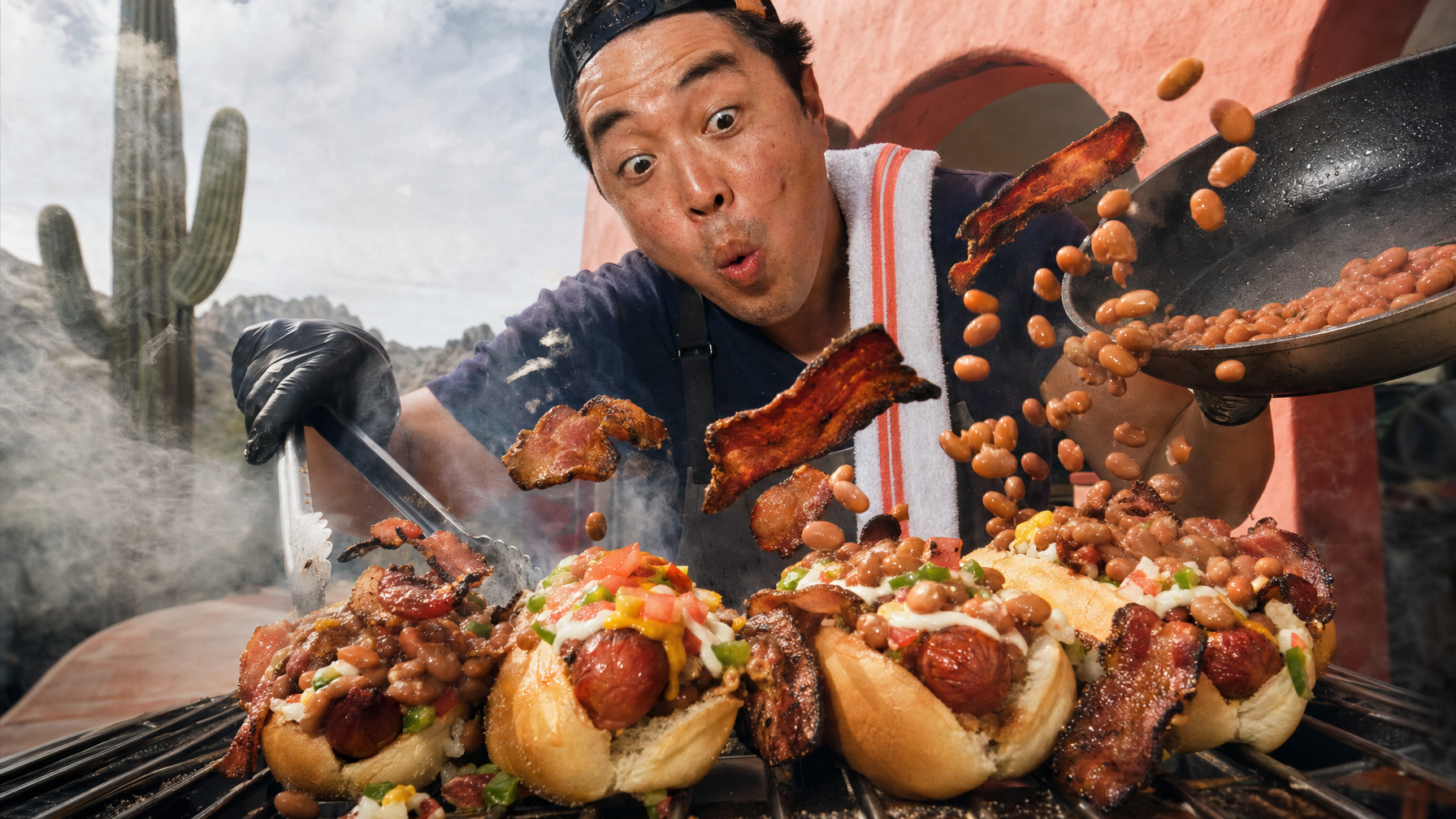 A person in a cap and apron grills three loaded hot dogs over a smoky outdoor grill while beans and bacon fly from a pan, with cacti and rocky hills behind.