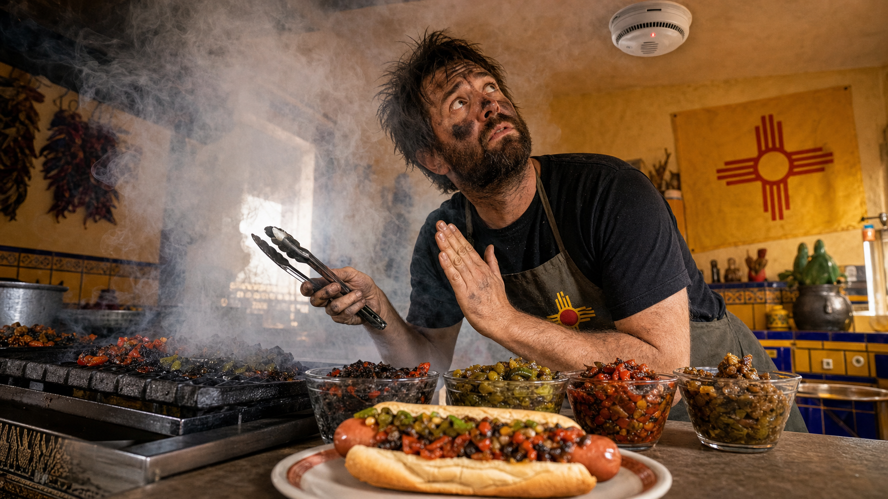 A cook uses tongs over a smoky grill beside bowls of chopped peppers and a hot dog topped with relish in a kitchen, while a smoke alarm hangs overhead.