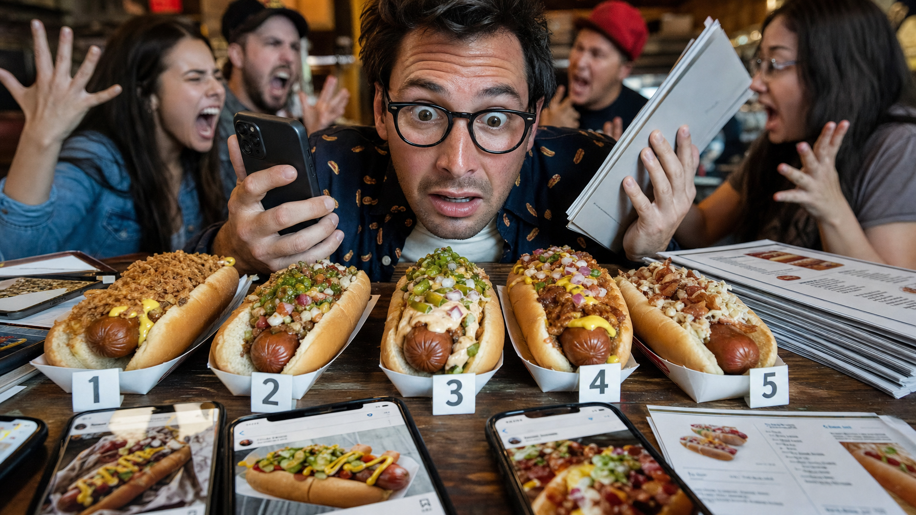 Five loaded hot dogs sit in numbered trays on a restaurant table while a person holds a phone and menu and four others react behind them.