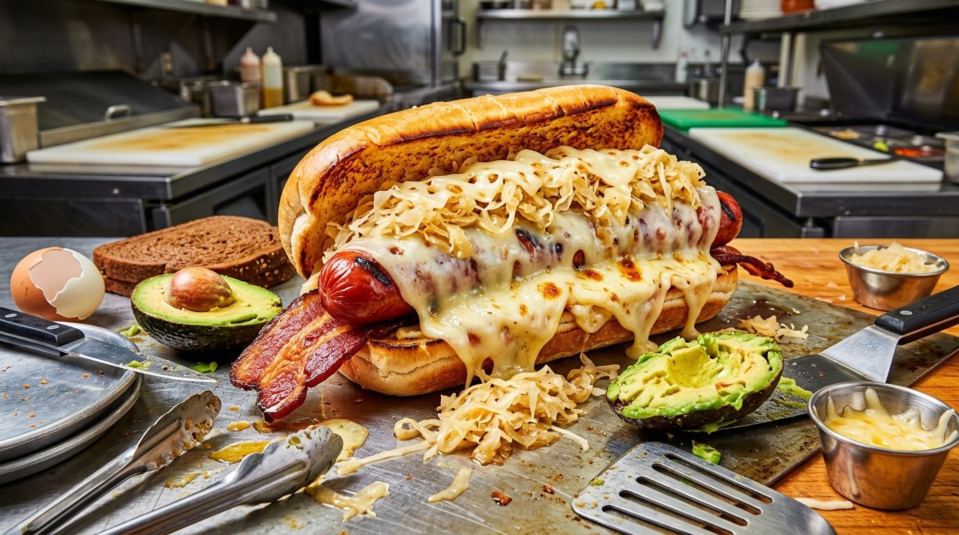 A loaded hot dog topped with melted cheese and sauerkraut sits on a prep counter, surrounded by bacon, avocado, bread, utensils, and cooking ingredients in a commercial kitchen.