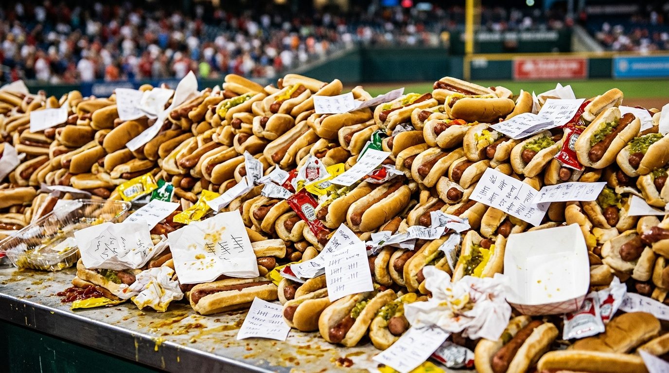A large heap of hot dogs with handwritten tally marks and condiment packets sits on a messy counter in front of a crowded baseball stadium.