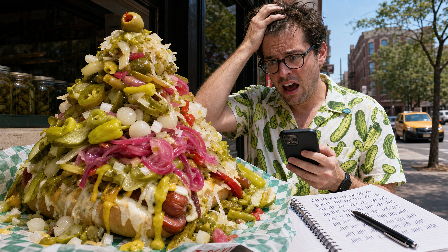 A man examines an oversized hot dog piled with pickles, peppers, onions and other toppings while holding a phone, beside a tally-mark notebook outside a food shop.