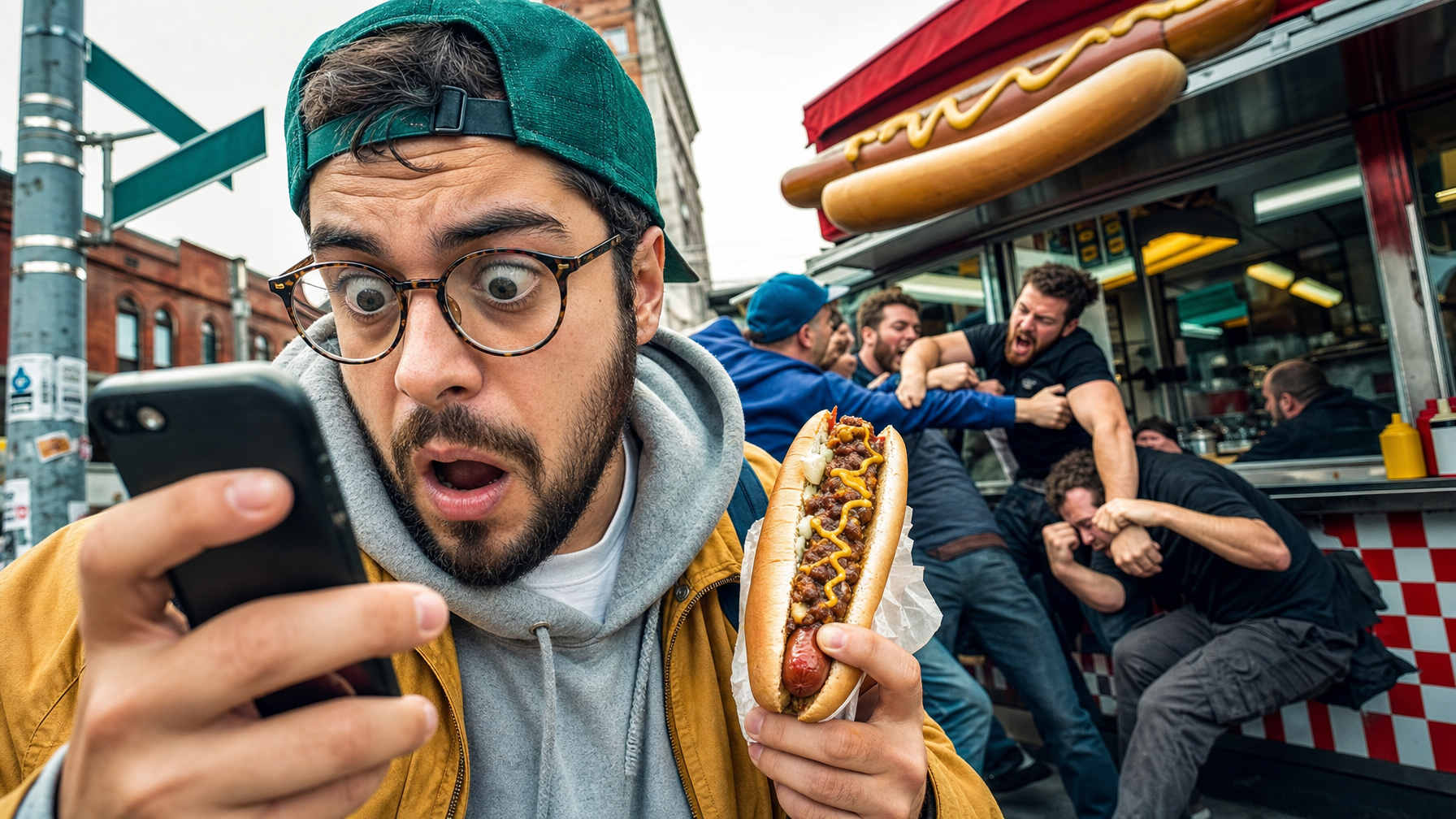 A man stares at a smartphone while holding a loaded hot dog, with several people grappling outside a hot-dog stand behind him.
