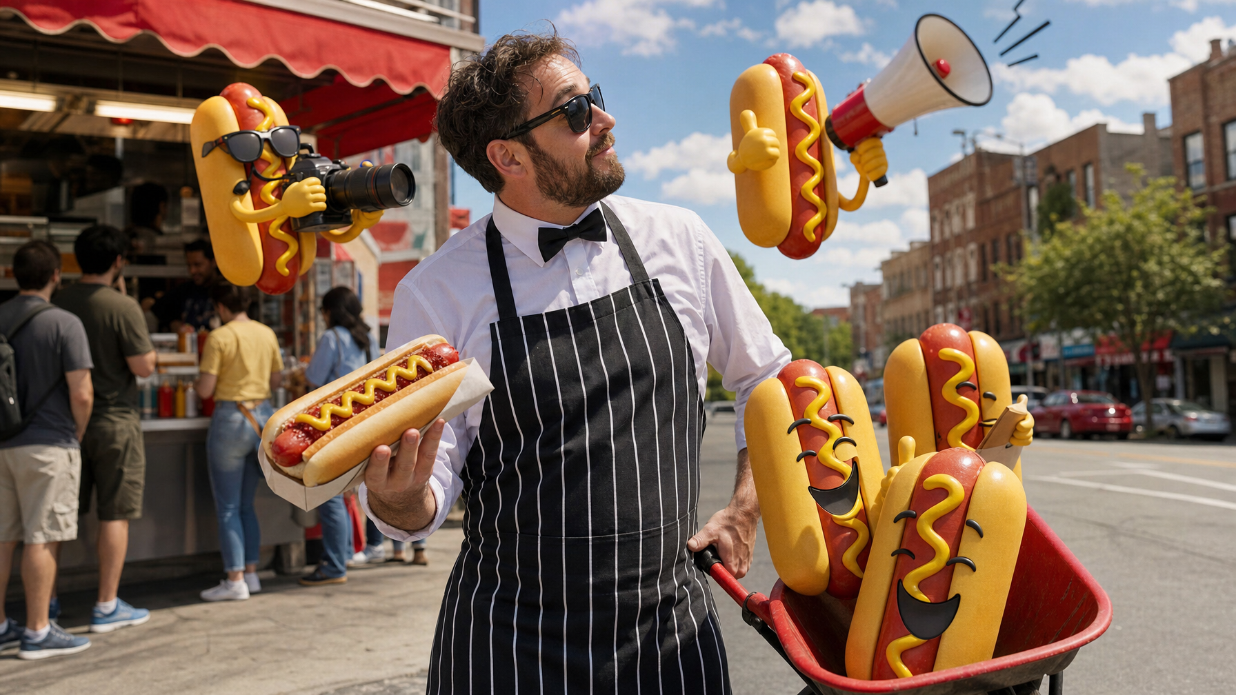 A vendor in a striped apron holds a hot dog beside anthropomorphic hot dog characters, including one with a camera and another with a megaphone, outside a street food stand.