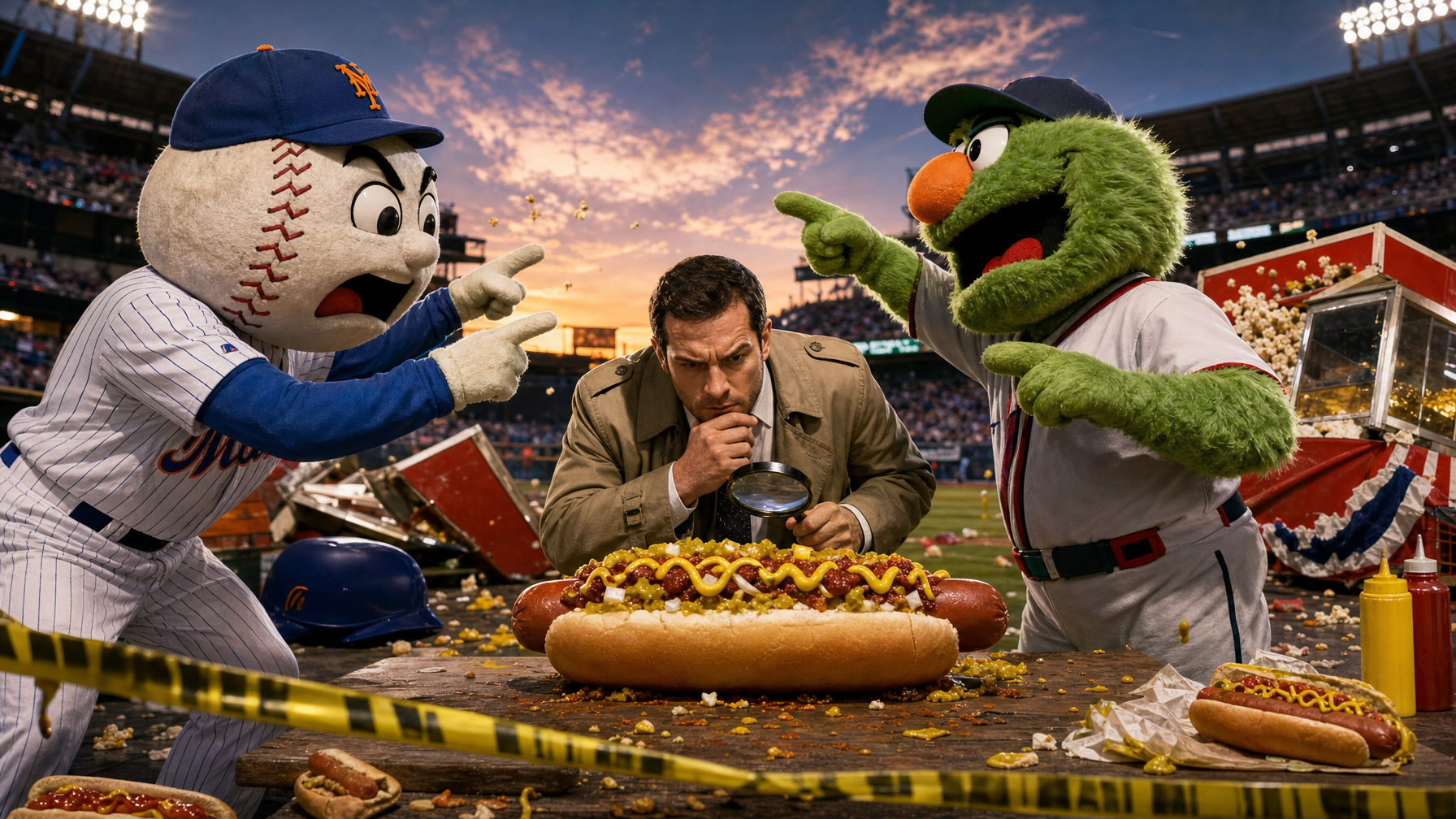Two baseball mascots point toward a person examining a loaded hot dog with a magnifying glass at a messy stadium table, with another hot dog and condiments nearby.
