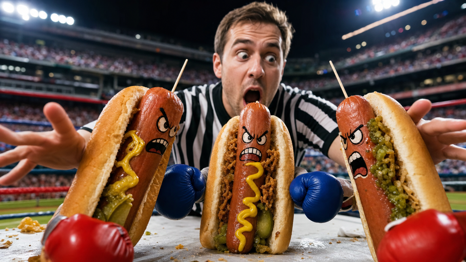 Three hot dogs with cartoon angry faces and boxing gloves are posed on a table in front of a referee-like person inside a brightly lit stadium.