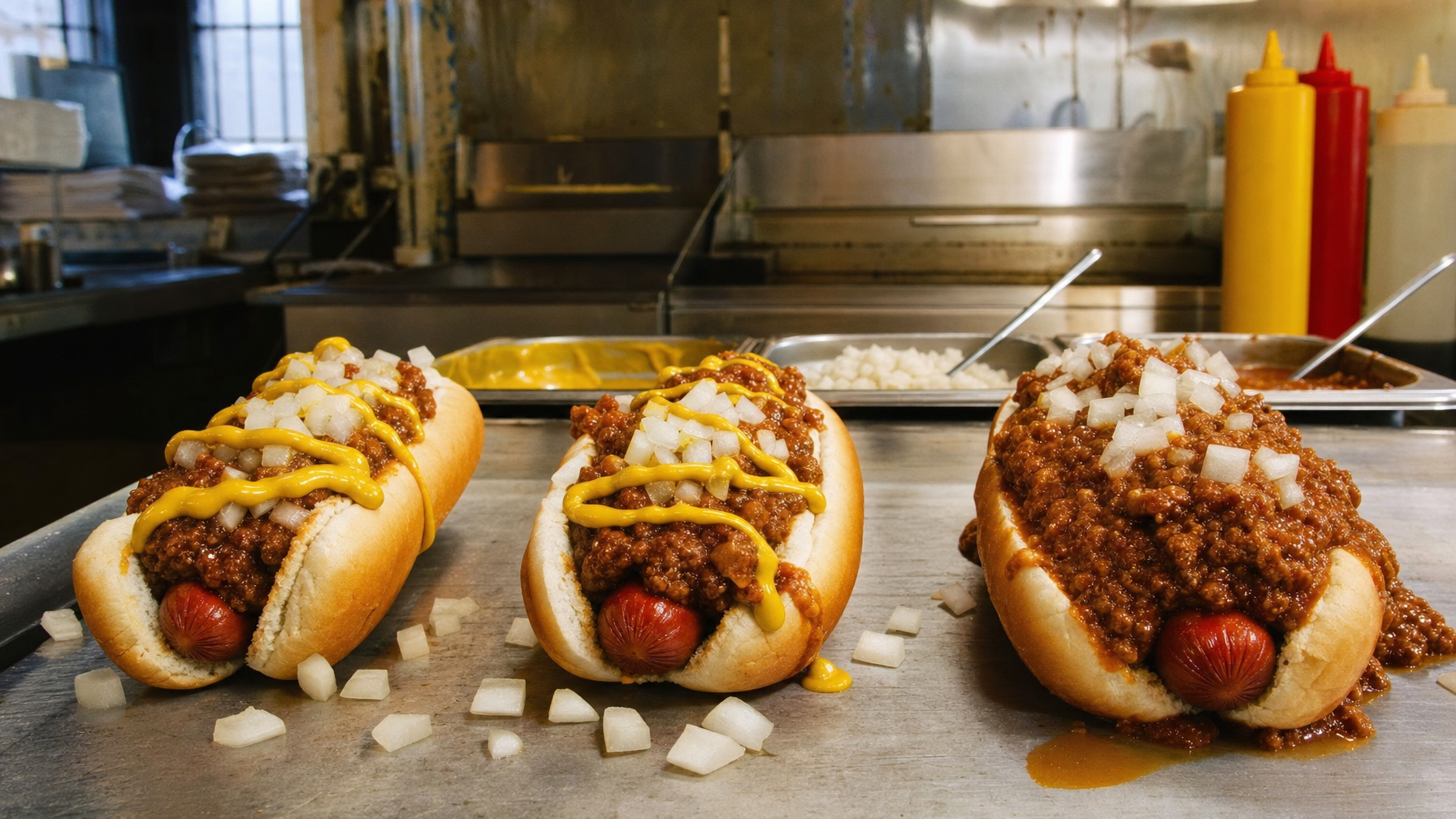 Three chili dogs topped with meat sauce, diced onions, and yellow mustard sit on a metal counter in a commercial kitchen.