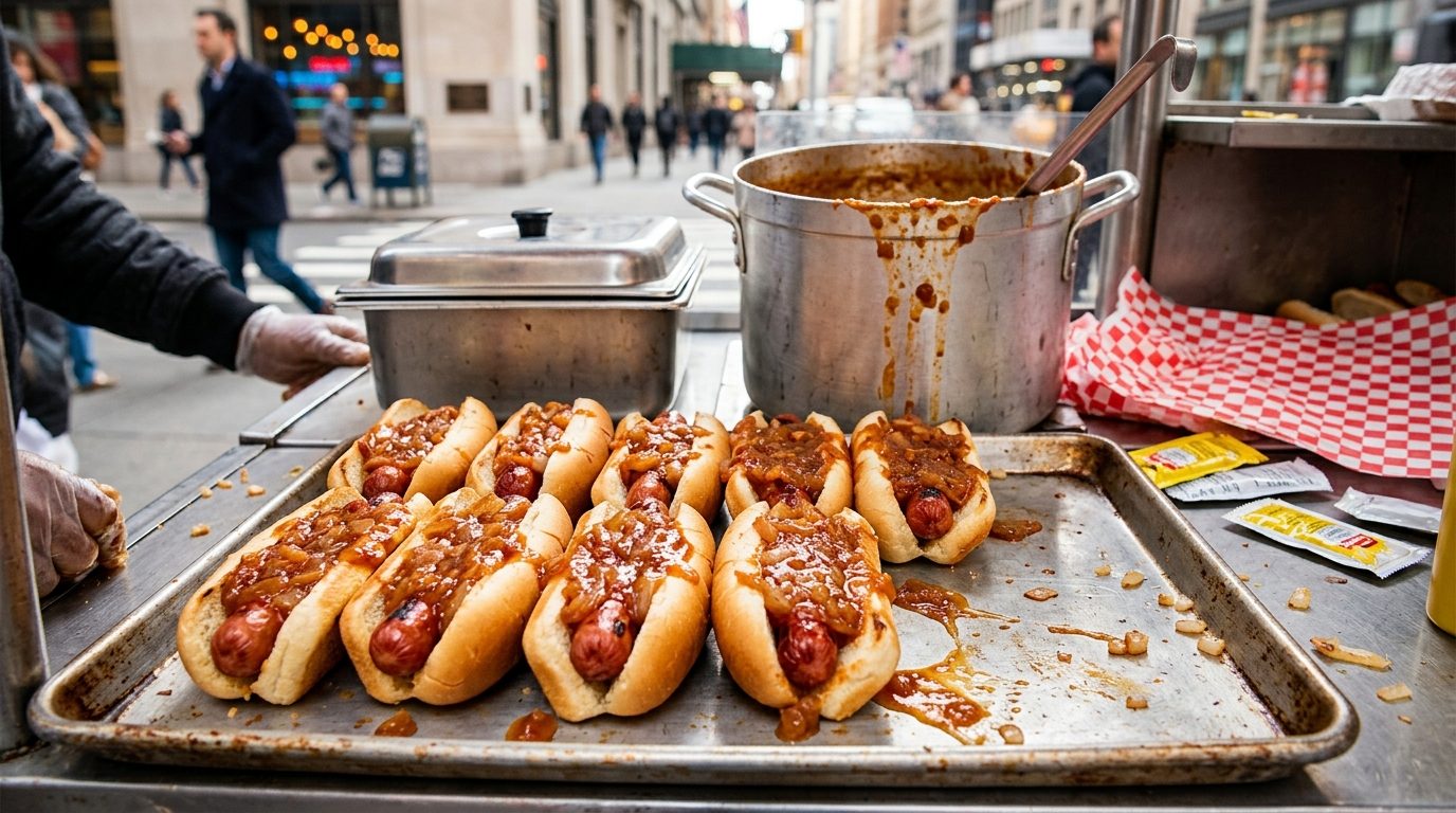 Hot dogs topped with onion sauce sit on a metal tray at a street food cart, with a large sauce pot and pedestrians on a city street behind them.