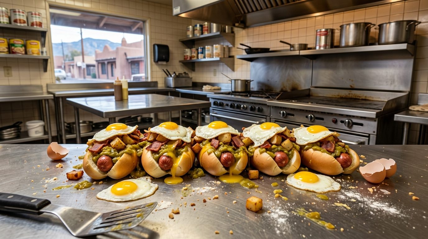 Five hot dogs topped with fried eggs, potatoes, bacon, and green chile sit on a stainless-steel counter in a commercial kitchen, with additional fried eggs and cracked shells scattered nearby.