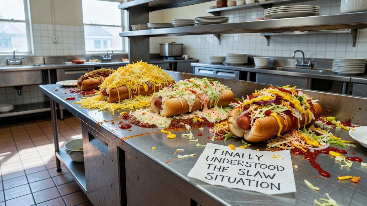 Several hot dogs topped with shredded cheese, slaw, vegetables, and sauces sit on a stainless-steel worktable in a commercial kitchen.