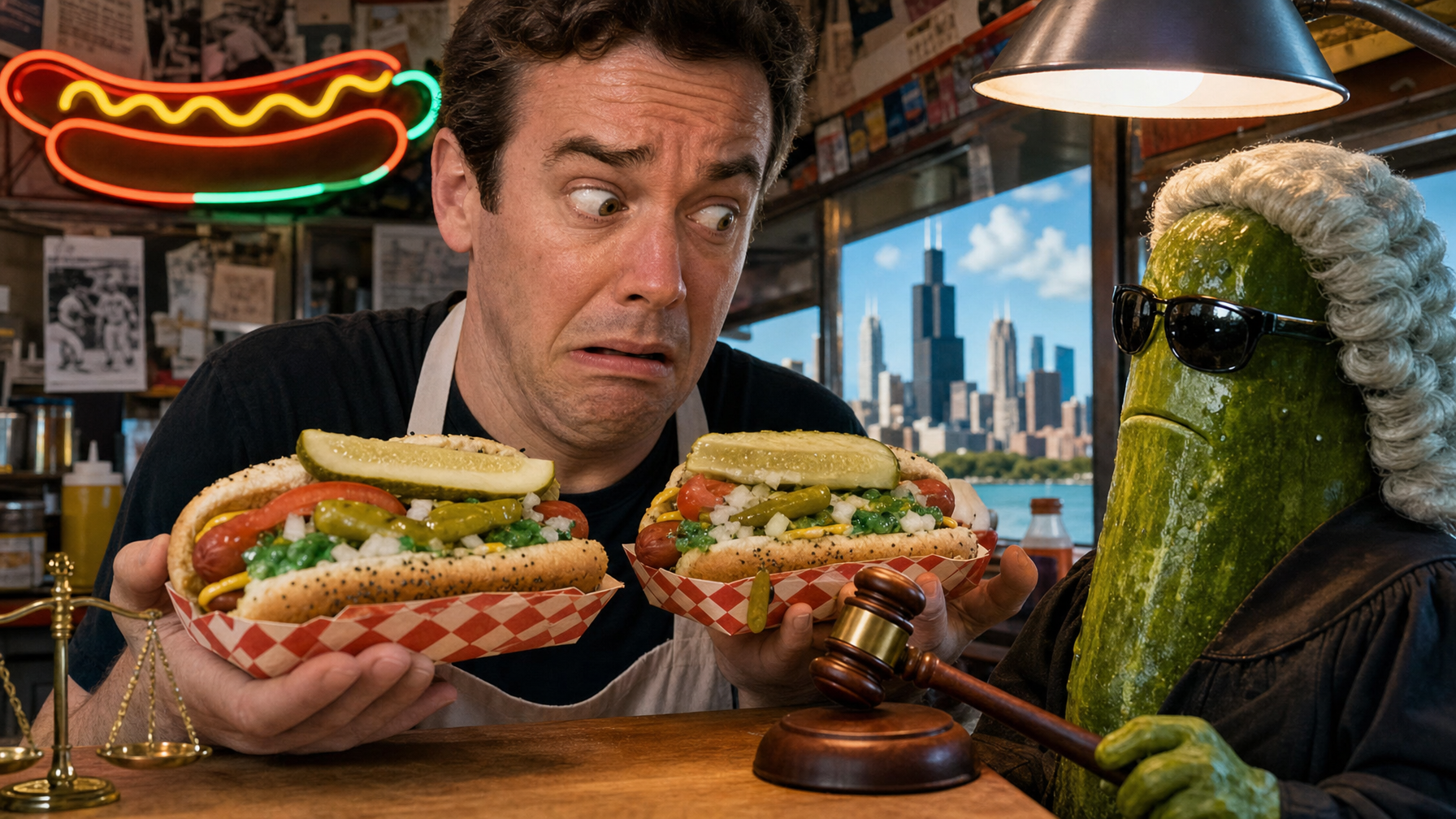 A person in an apron holds two loaded hot dogs at a diner counter while a giant pickle wearing a powdered wig and sunglasses holds a judge's gavel beside them.