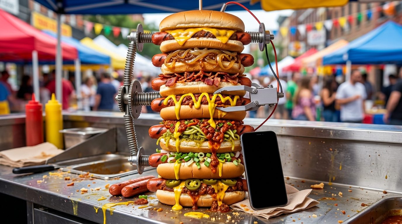 A tall stack of loaded hot dogs is clamped in a metal contraption on a food stall counter, with a black smartphone propped nearby and a crowded market behind it.
