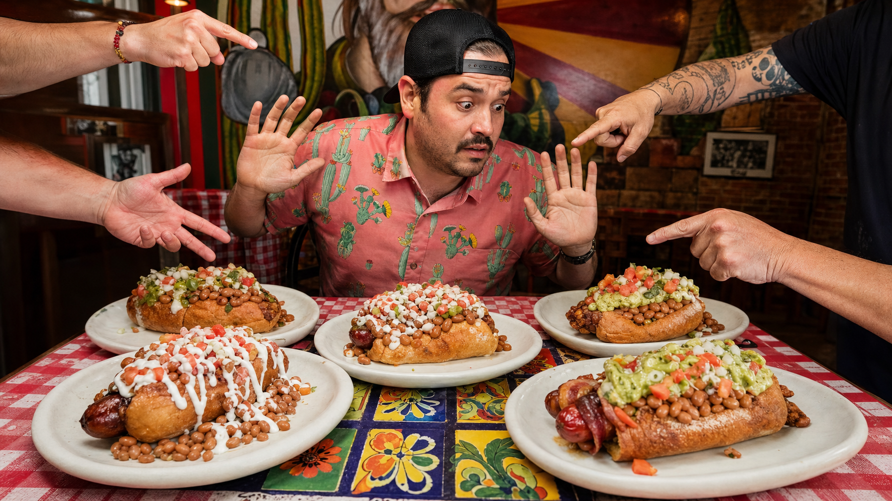 A diner raises both hands as pointing arms surround five bean-topped hot dogs on plates at a colorful restaurant table.