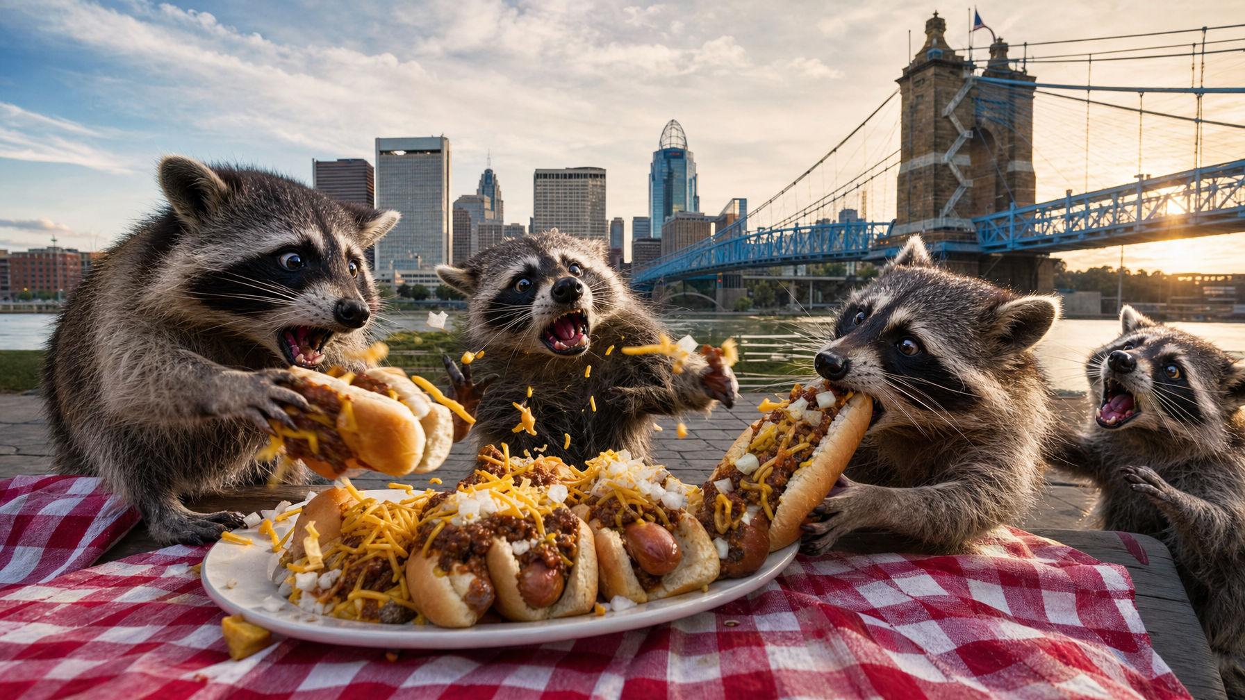 Four raccoons tug at chili-cheese hot dogs on a plate atop a red-checkered picnic cloth, with a city skyline and suspension bridge behind them.