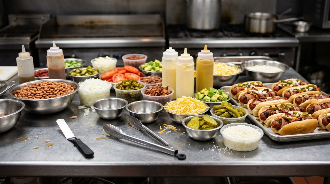 Topped hot dogs sit on a tray beside bowls of beans, vegetables, cheese, sauces, and other toppings on a stainless-steel kitchen prep counter.