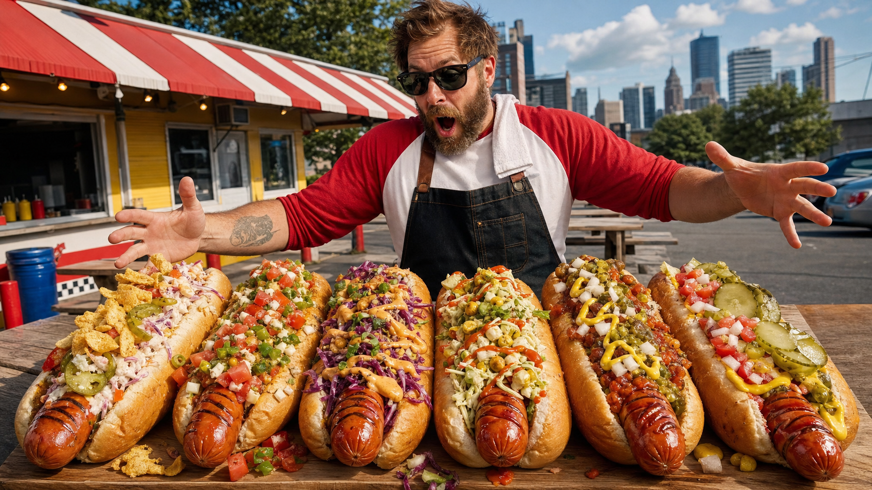 Six spiral-cut hot dogs piled with colorful toppings on a wooden table, with an apron-wearing food vendor reacting behind them at an outdoor stand.