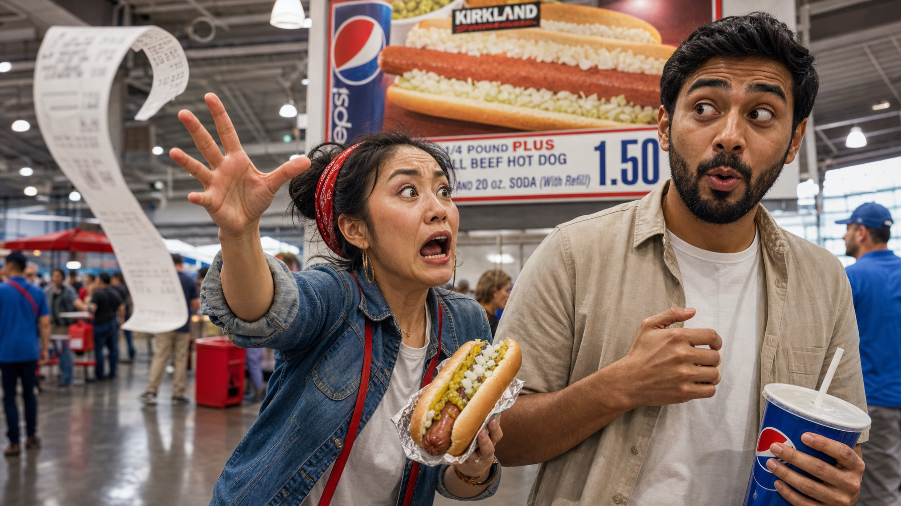Two people with surprised expressions hold a hot dog, fountain drink, and long receipt in a busy warehouse food court.