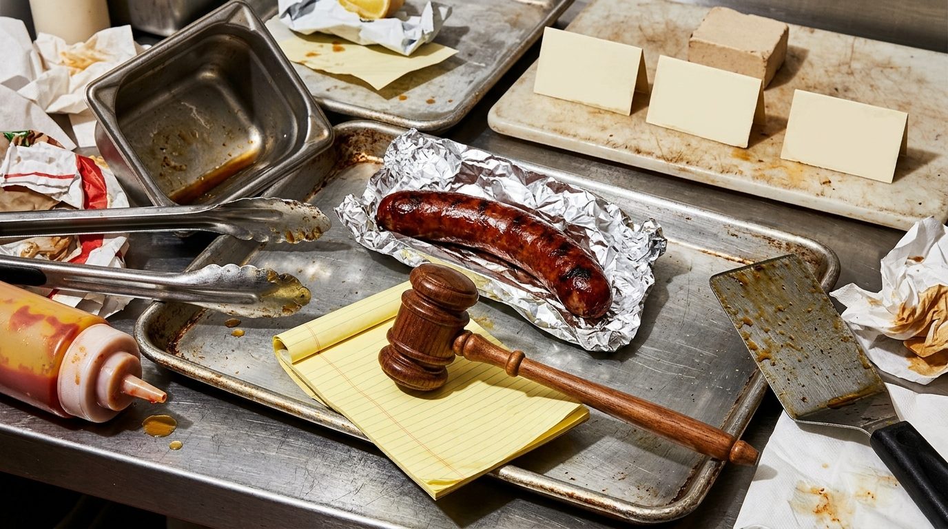 A grilled sausage rests on foil among dirty food-preparation trays, utensils, condiments, sliced bread, a notepad, and a wooden gavel on a work surface.
