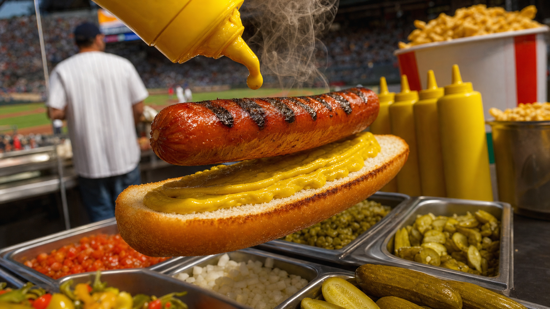 A grilled hot dog hovers above a mustard-covered bun while mustard drips from a squeeze bottle, with toppings and stadium seating in the background.