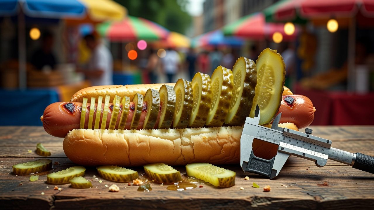 A hot dog topped with rows of pickle slices sits on a wooden table beside a measuring caliper, with more pickle slices scattered around and a blurred outdoor market behind it.