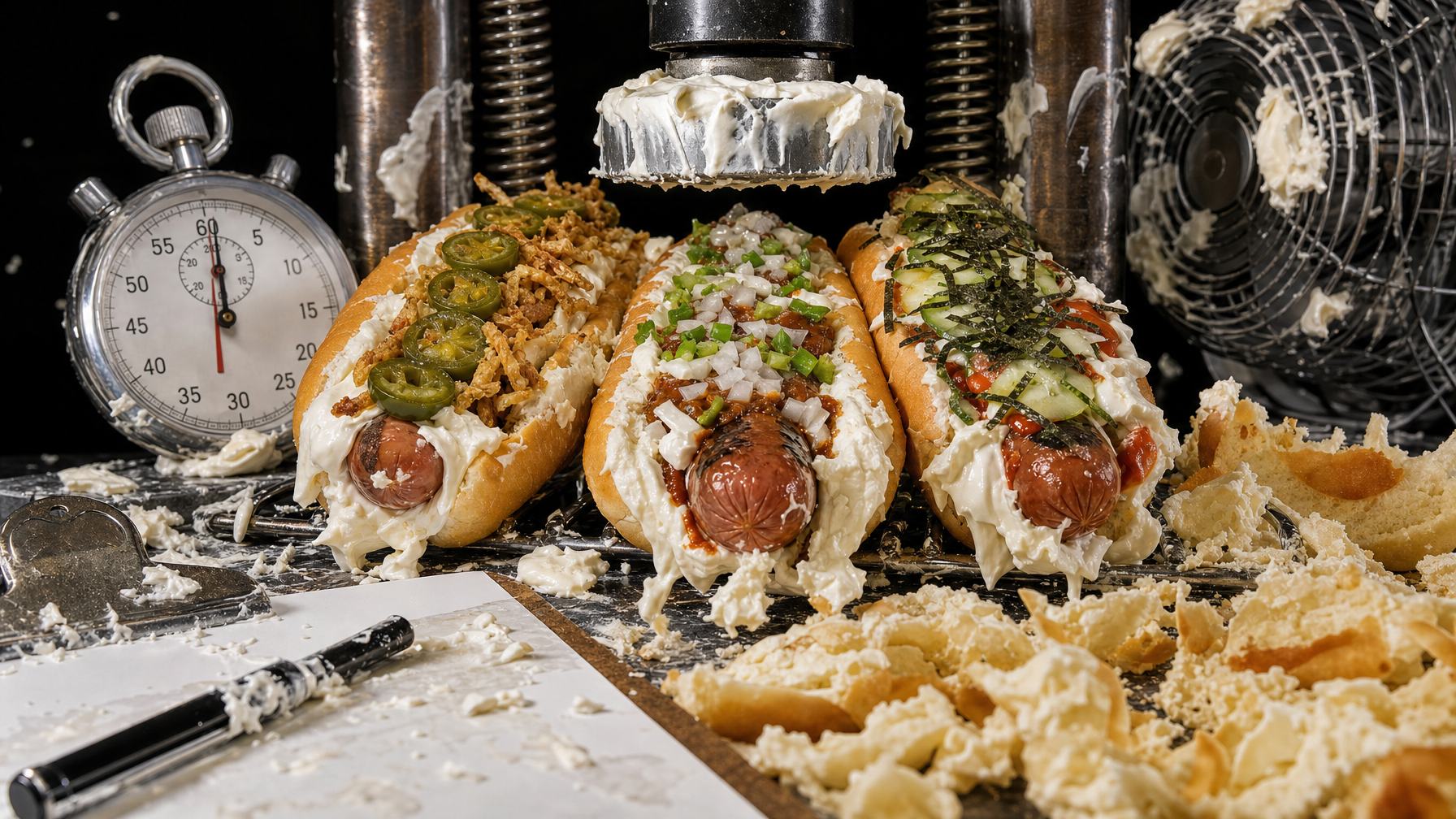 Three hot dogs piled with cream cheese and assorted toppings sit beneath a mechanical press on a messy food-preparation workbench, with a stopwatch and fan nearby.