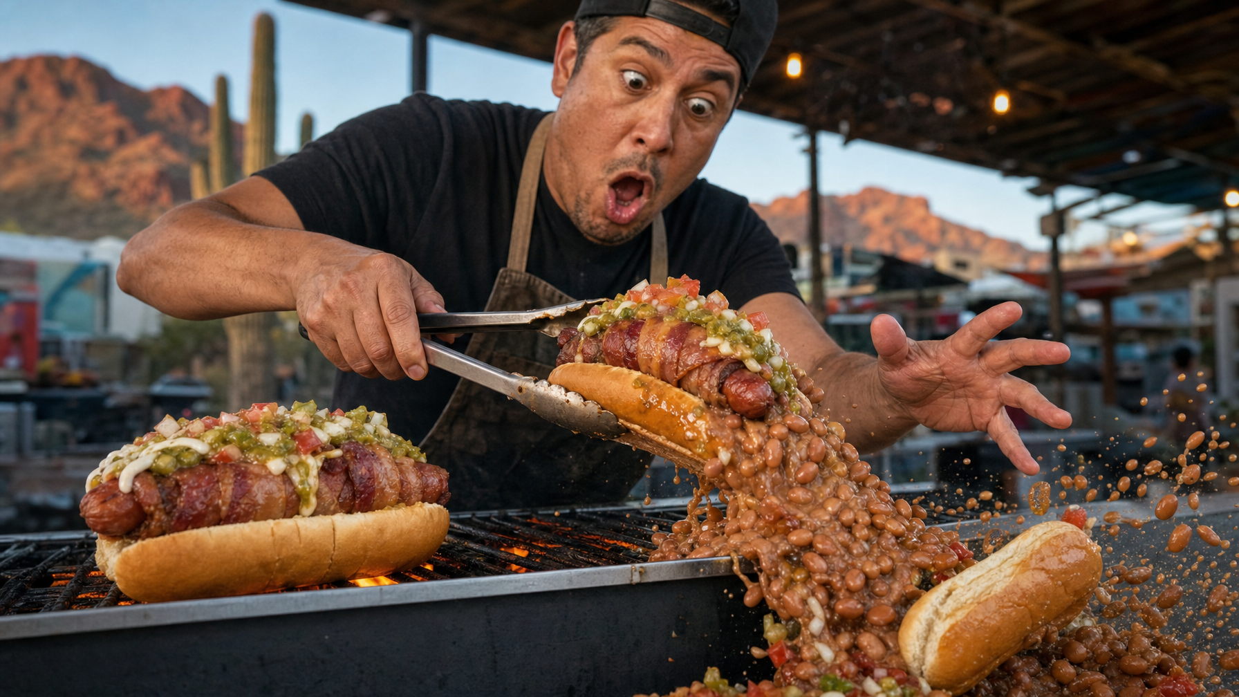 A cook uses tongs to place a bean-covered, bacon-wrapped hot dog into a bun over a flaming grill as another loaded hot dog sits nearby, beneath a desert shelter.