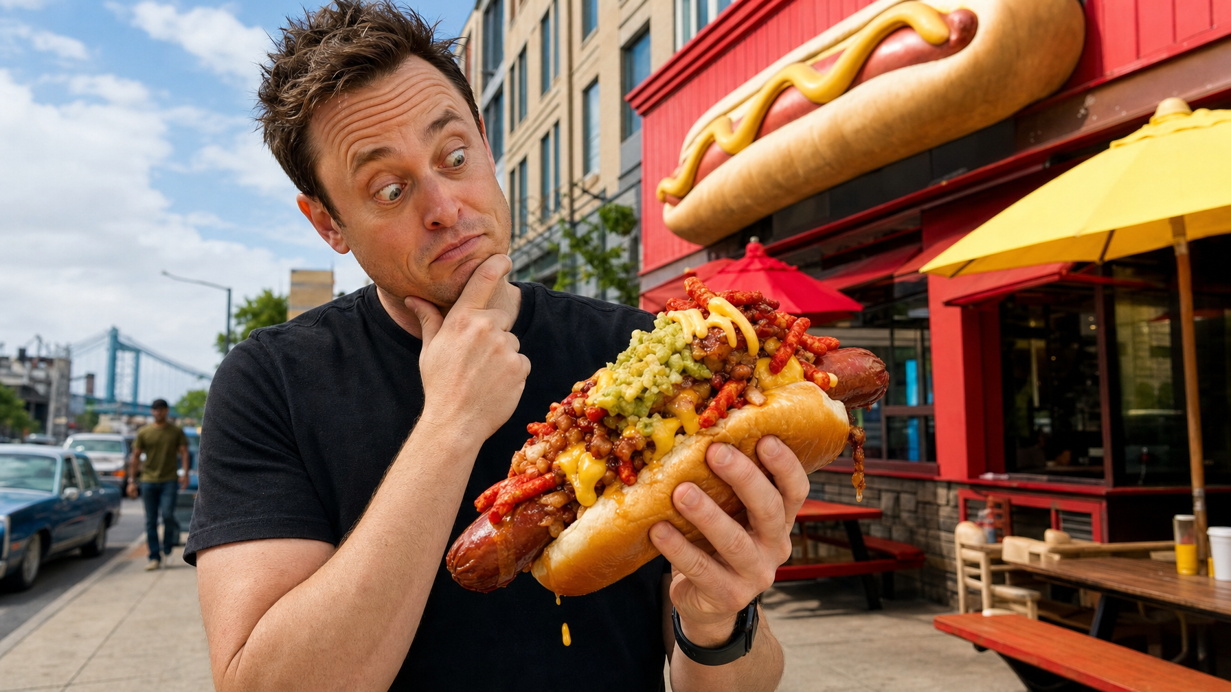 A man studies an oversized hot dog piled with toppings outside a red restaurant, while a second person walks along the street behind him.