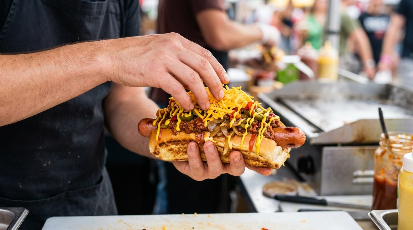 A food vendor tops a loaded hot dog with shredded cheese at a busy food stall.