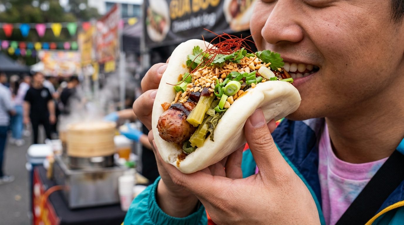 A person bites into a sausage-filled steamed bun topped with herbs and chopped peanuts at a busy outdoor food stall.