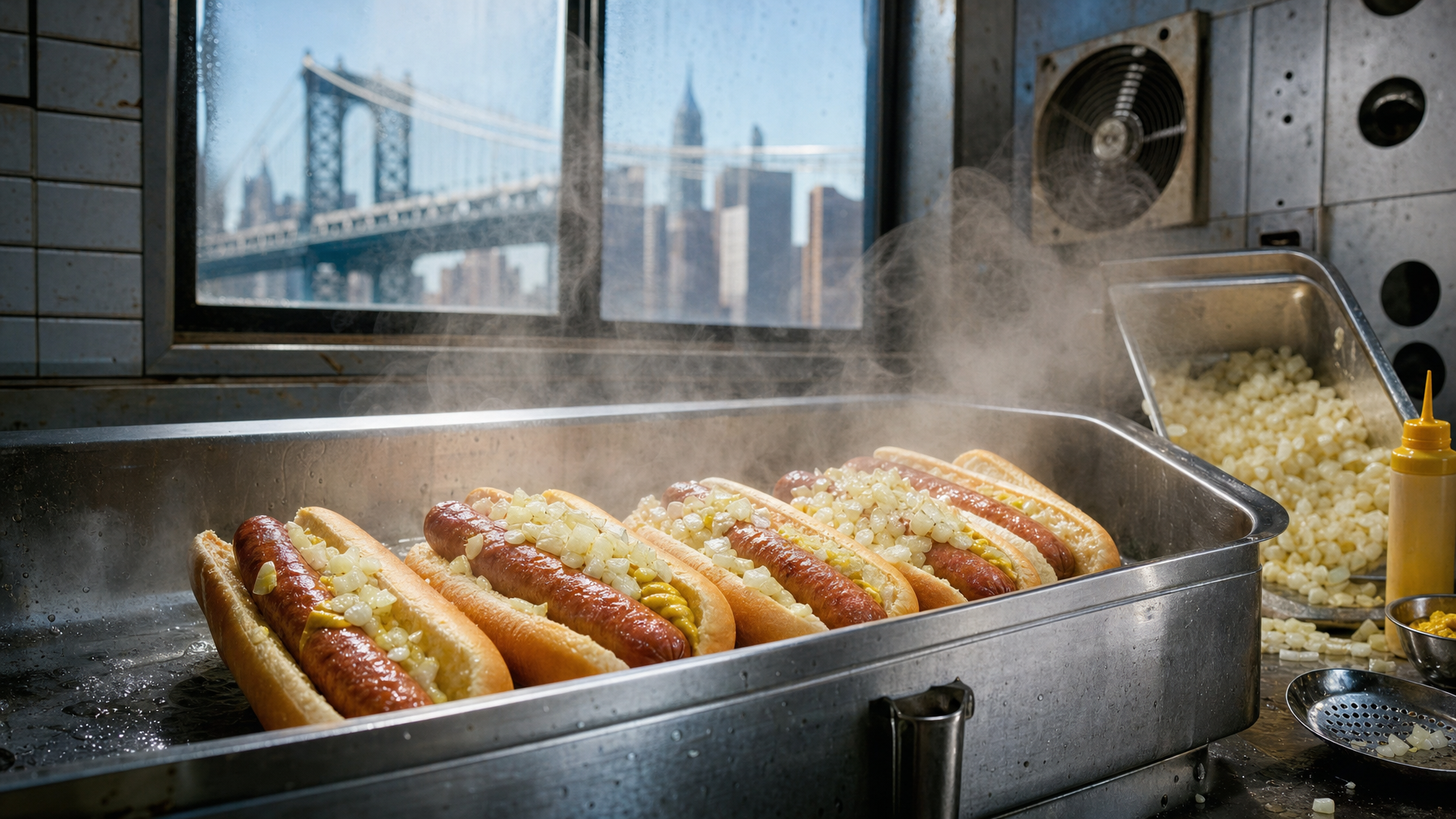 Steaming hot dogs in soft buns topped with chopped onions and mustard sit in a metal food tray at a preparation counter, with a bridge and city skyline visible through the window.