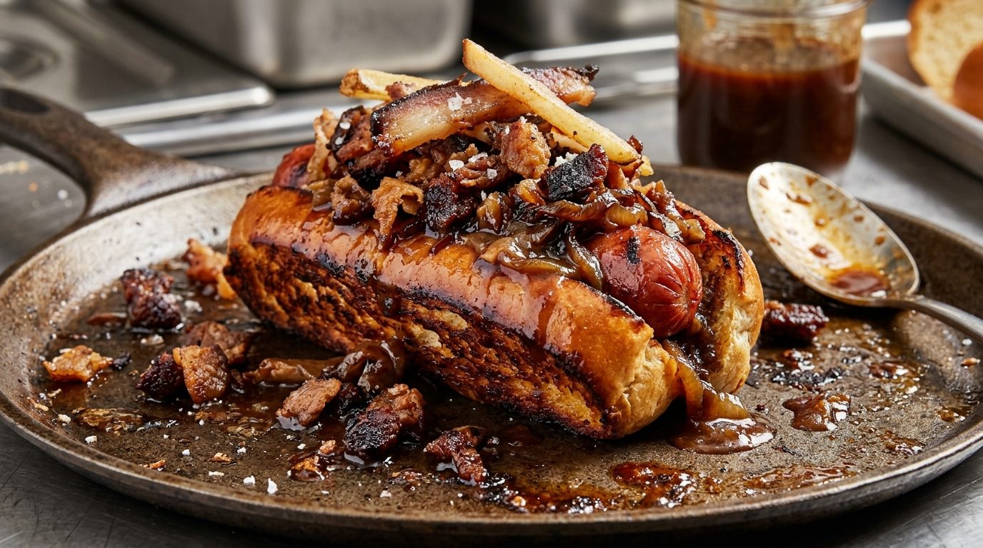 A loaded hot dog sits in a toasted bun on a plate, topped with bacon, onions, and fries, with a jar of dark cooking drippings and a spoon nearby.
