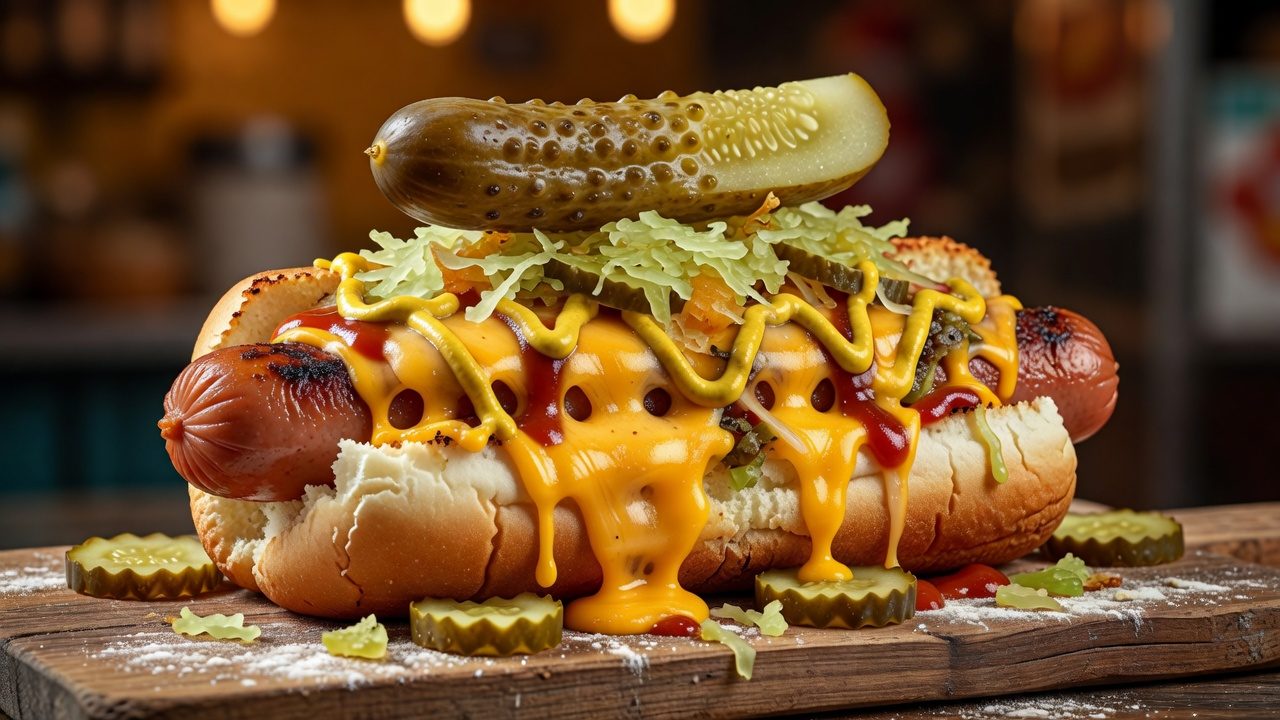 A hot dog topped with melted cheese, mustard, lettuce, pickles, and a whole pickle sits on a wooden board in a warmly lit restaurant setting.