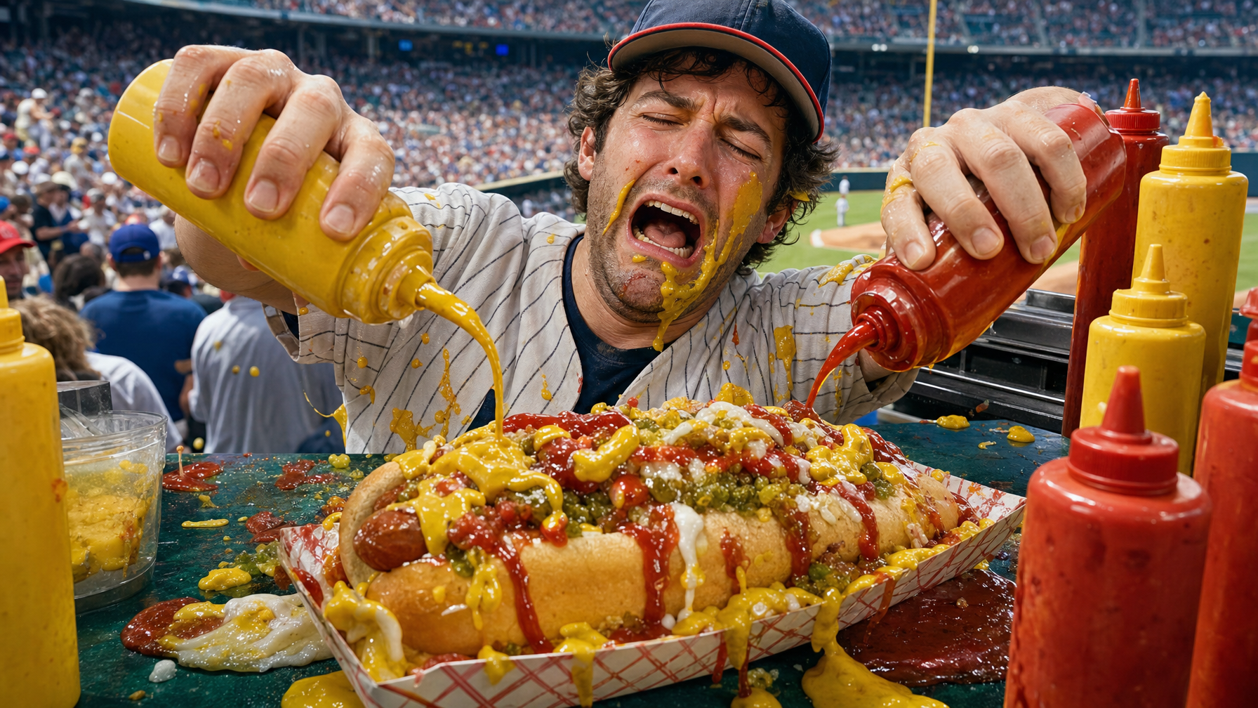 A person in a baseball jersey pours yellow and red condiments over an overloaded hot dog at a crowded baseball stadium.