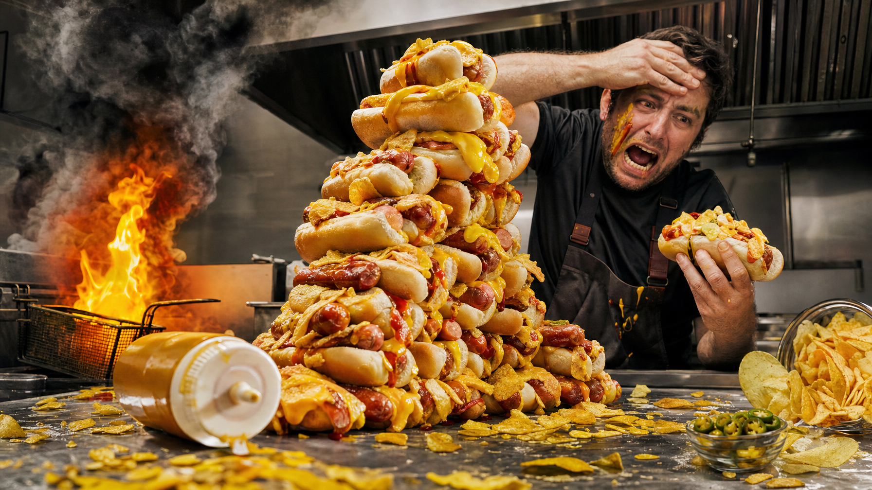 A person in a dark apron holds a loaded hot dog beside a towering stack of loaded hot dogs in a smoky commercial kitchen, with flames behind them.