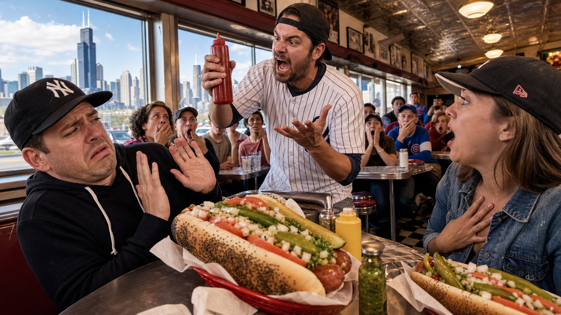 Several diners react as a man raises a red condiment bottle over loaded hot dogs in a busy restaurant, with a city skyline visible through the windows.